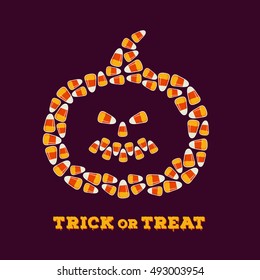 Happy Halloween inscription with jack o lantern silhouette made of small candy corns pile on dark background. Holiday trick or treat concept greeting card, poster. Vector illustration.