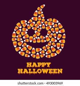 Happy Halloween inscription with jack o lantern silhouette made of small candy corns pile on dark background. Holiday trick or treat concept greeting card, poster. Vector illustration.