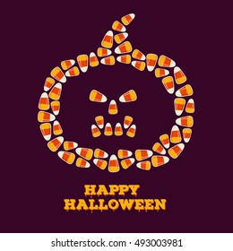 Happy Halloween inscription with jack o lantern silhouette made of small candy corns pile on dark background. Holiday trick or treat concept greeting card, poster. Vector illustration.