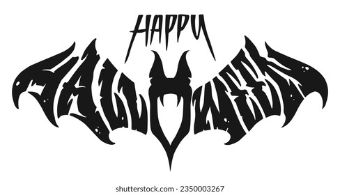 Happy Halloween inscription label monochrome with terrible bat flying from cemetery for congratulations on occasion of october 31 vector illustration