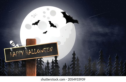 Happy Halloween, inscription on a sign in a foggy night forest, a skeleton hanging on a sign under the moon and stars with bats, vector illustration