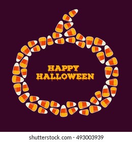 Happy Halloween inscription with pumpkin shaped frame made of small candy corns pile on dark background. Holiday trick or treat concept greeting card, poster. Vector illustration.