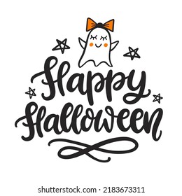 Happy Halloween Inscription Quote with Ghost doodle, isolated on white. Party Banner. Cute Handwritten Lettering Design for baby clothes, Stickers, Greeting card. Vector Halloween phrase