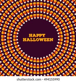 Happy halloween inscription with small candy corns arranged in circle on dark background. Holiday trick or treat concept greeting card, poster. Vector illustration