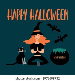 Happy Halloween inscription and a young girl dressed as a witch, a cauldron with a witch's potion, an evil cat and flying bats. Vector illustration 