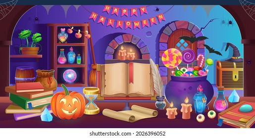 Happy Halloween. Interior of halloween room with door, cauldron, pumpkins, candy, hat, magic ball, open book, hourglass, nib pen, stack of books,. Background for games and mobile applications.