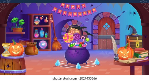 Feliz Halloween. El interior de la sala de halloween con puerta, caldero, calabazas, caramelos, sombrero de vedim, bola mágica, pociones, escoba, flycatcher, arañas y velas. Fondo para juegos y aplicaciones móviles.