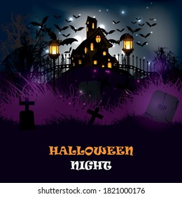 Happy Halloween invitation card background with hounted house and pumpkins and bats. Full moon in the sky, spiders on background.