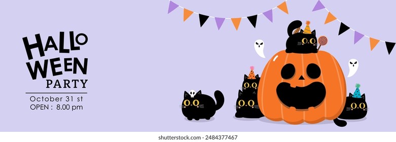 Happy halloween invitation card and banner with spooky pumpkin, ghost and cute black cats. Holidays cartoon character. -Vector