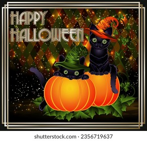 Tarjeta de invitación de Halloween feliz, gatos negros y calabaza, ilustración vectorial	