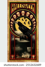 Happy Halloween invitation card with black raven in art nouveau style, vector illustration