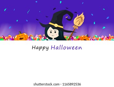 Happy Halloween invitation card, candy, broom, light shine with cute girl witch and pumpkin, celebration holiday season, party festival cartoon abstract background banner poster vector illustration