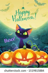 Happy halloween invitation card with cartoon black cat, face pumpkin, bat and spider on a moon and green background. Greeting card, banner and poster. Vector illustration