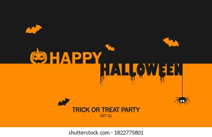 Happy Halloween invitation card. Celebration party. Decoration. Pumpkin, bat and spider. Vector on isolated background. EPS 10