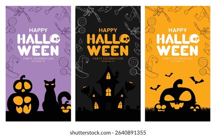 Happy Halloween invitation card clipart poster set design. Halloween invitation card template clip art collection with silhouette spooky elements and drawing outline colorful scary background vector 