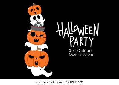 Happy Halloween invitation card with cute spooky ghosts and scary pumpkin . Holidays cartoon character.