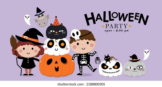 Happy halloween invitation card with cute girl in witch, boy in skeleton costumes, orange pumpkin, owl, black cat and ghost. Holidays cartoon character vector