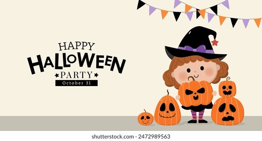 Happy halloween invitation card with cute witch, ghost, orange pumpkin and cat. Holidays cartoon character vector