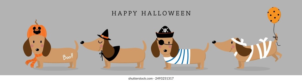 Tarjeta de invitación feliz de halloween con lindo cachorro dachshund y perro en disfraces de fiesta. Animales vacaciones personaje de dibujos animados. -Vector 