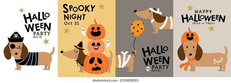 Tarjeta feliz de la invitación de Halloween con el cachorro lindo del dachshund y el perro en trajes del partido. Animales vacaciones personaje de dibujos animados. -Vector 