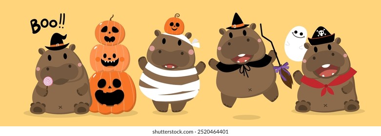 Happy halloween invitation card with cute hippopotamus in party costumes. Animals holidays cartoon character. -Vector 