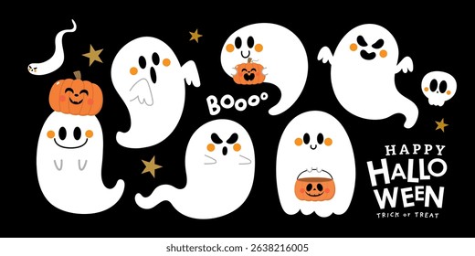Happy halloween invitation card with cute ghost and spooky pumpkin. Holidays cartoon character. -Vector 