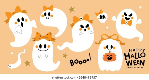 Happy halloween invitation card with cute ghost wear orange bow and spooky pumpkin. Holidays cartoon character. -Vector 
