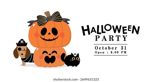 Happy halloween invitation card with cute dachshund puppy in party costumes, black cat and spooky pumpkin wear bow. Animals holidays cartoon character. -Vector 