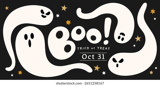 Happy halloween invitation card with cute ghost in horror night. Holidays cartoon character. -Vector