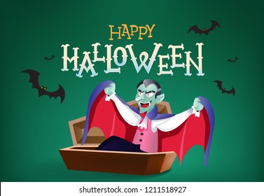 Happy Halloween invitation card design. Vampire rising from coffin and bats silhouettes on green background. Template can be used for flyers, banners, posters