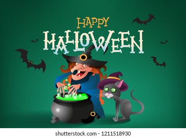 Happy Halloween invitation card design. Joyful old witch, black cat and flying bats on green background. Template can be used for flyers, banners, posters