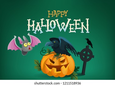 Happy Halloween invitation card design. Black crow on pumpkin, cute bat, grave on green background. Template can be used for flyers, banners, posters