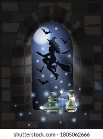 Happy Halloween invitation card. Flying witch on a broomstick and glass bottles with witchcraft potion. Vector illustration