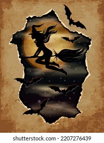 Happy Halloween invitation card, full moon and witch, vector illustration