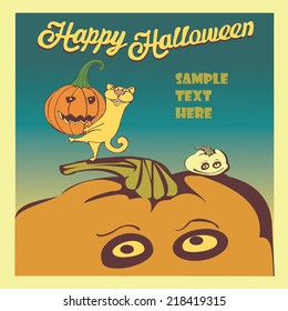 Happy Halloween. Invitation card. Images of cat and pumpkins are on a vintage style.