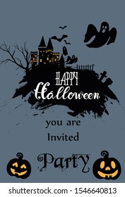 Happy halloween invitation card with light up pumpkins, castle, ghost and dark forest. Holiday vector