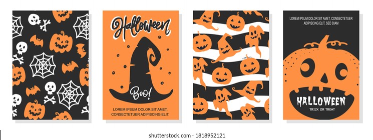 Happy Halloween invitation card. Set of 
four postcards. Set of Halloween icons and design elements. Vector illustration. Greeting cards with traditional symbols. Halloween Unicorn Seamless pattern.