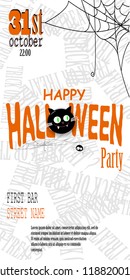 Happy Halloween invitation card with spiderweb and text.