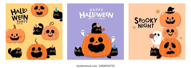 Happy halloween invitation card with spooky pumpkin, ghost and cute black cats. Holidays cartoon character. -Vector