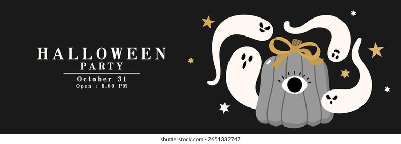 Happy halloween invitation card with spooky pumpkin and cute ghost in horror night. Holidays cartoon character. -Vector