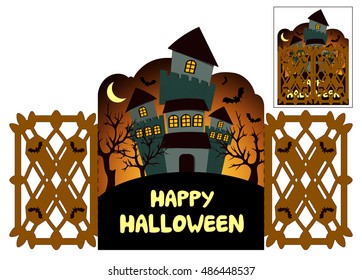 Happy halloween invitation card template. Scary mansion. Layout in three panels. Can be used as invitation or greeting card, suitable for laser cutting or printing.