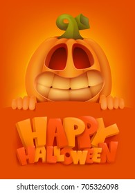 Happy Halloween invitation card template with pumpkin cartoon character. Vector illustration