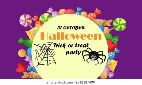 Happy Halloween invitation flyer. Halloween party Banner. Trick or treat party. Cobweb and spider with a candy cane in a yellow circle on a purple background with sweets. Candies and lollipops. 