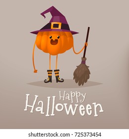 Happy Halloween. An invitation with an inscription and a pretty pumpkin character. Postcard for the holiday. Vector illustration