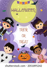 Happy Halloween invitation. Halloween kids characters in different costumes on the background of the full moon. Pumpkin with sweets. Cartoon, vector