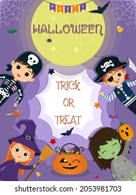 Happy Halloween invitation. Halloween kids characters in different costumes on the background of the full moon. Pumpkin with sweets. Cartoon, vector