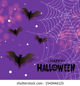 happy halloween invitation on purple background, Happy Halloween hand lettering text with pumpkin and bats. banner, postcard, poster template.