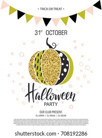 Happy Halloween. Invitation to party with cute glamorous sparkling pumpkin. Vector illustration. Design for greeting cards, banners, posters,ads, coupons, promotional material