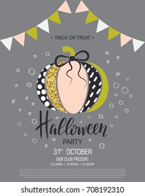 Happy Halloween. Invitation to party with cute glamorous sparkling pumpkin. Vector illustration. Design for greeting cards, banners, posters,ads, coupons, promotional material