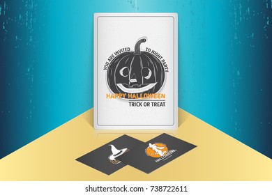 Happy Halloween. Invitation to a party of Halloween. Mock up style. Typographic labels, stickers, logos and badges. Flat vector illustration